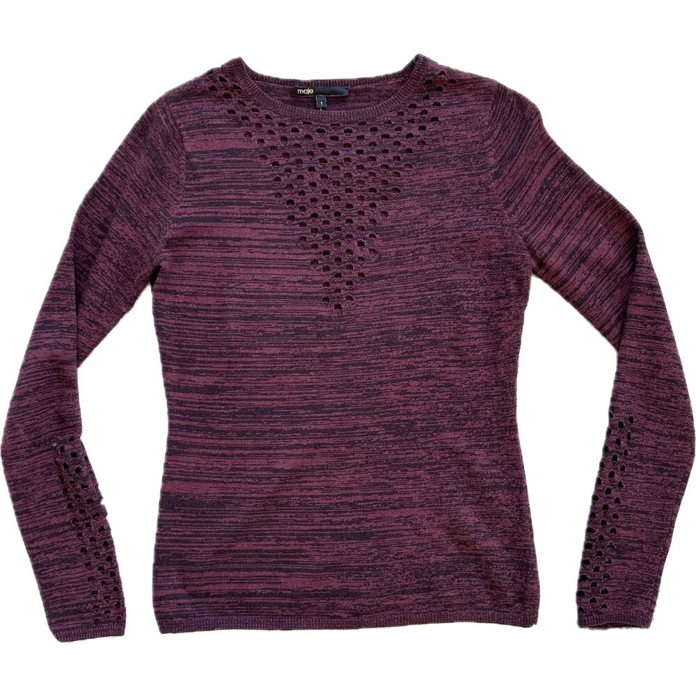 Maje Burgundy Black Cashmere Wool Blend Cut-out Mesh Sweater Size S